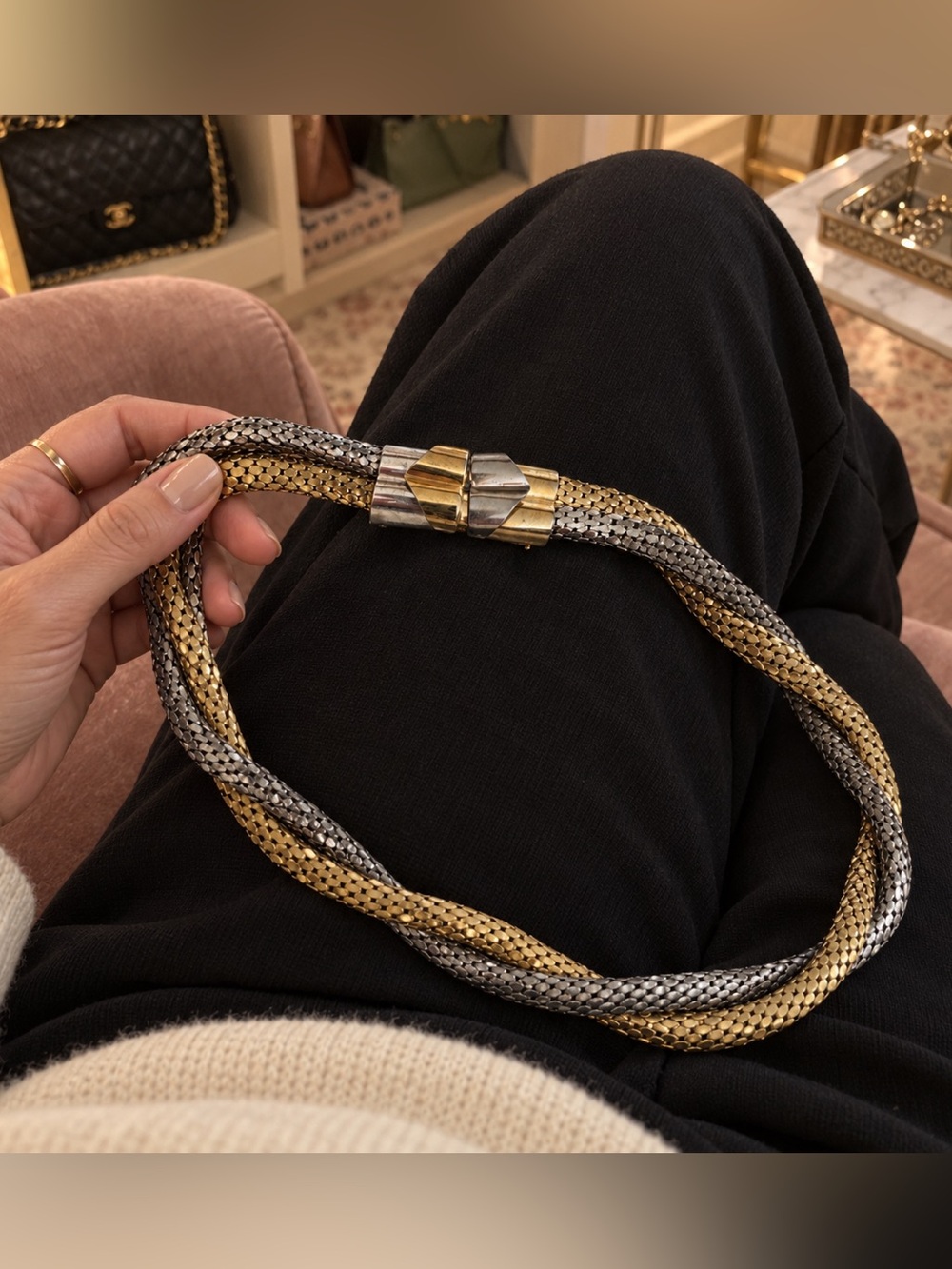 Vintage Two-Tone Braided Metal Mesh Belt Gold Silver 25”